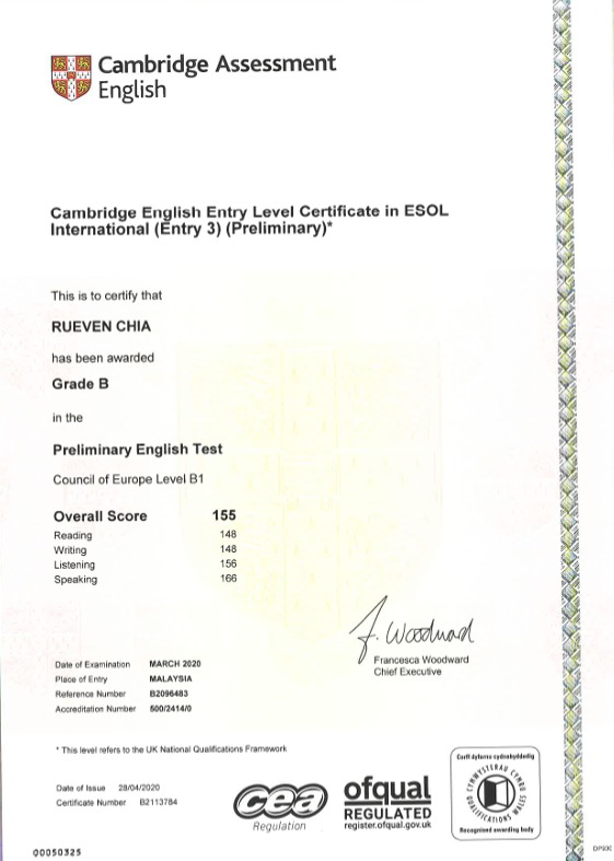 B1 PET Certificate