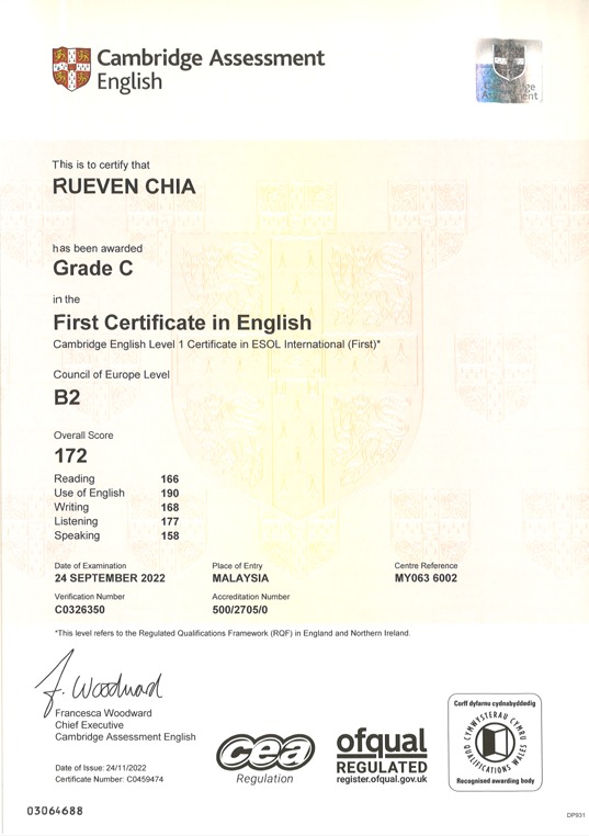 B2 FCE Certificate