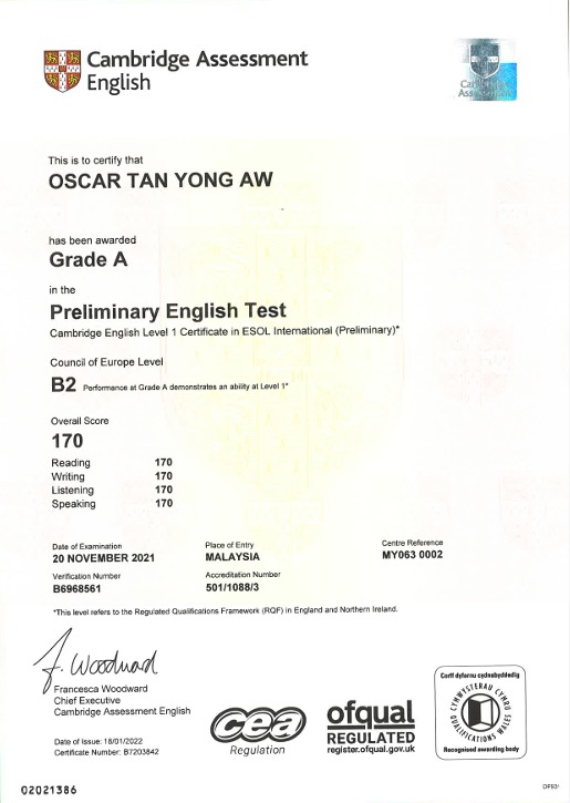 B1 Preliminary Certificate