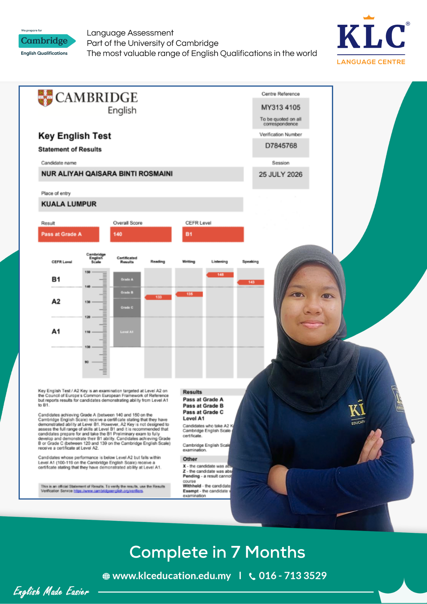 Cambridge English A2 Key（KET）官方成绩单，Pass at Grade A，CEFR B1（KLC 学员，2026年7月）