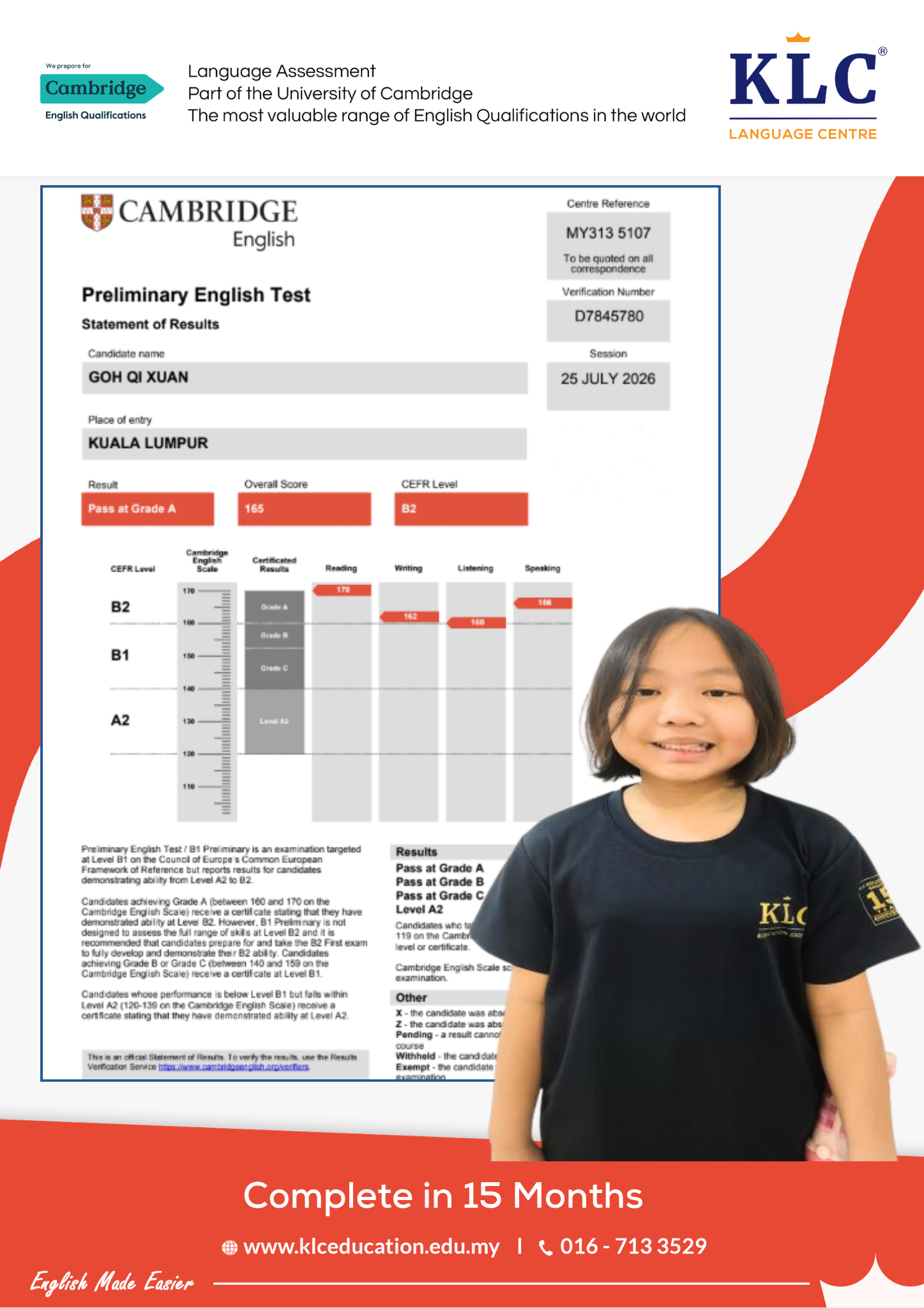 Cambridge English B1 Preliminary（PET）官方成绩单，Pass at Grade A，CEFR B2（KLC 学员，2026年7月）