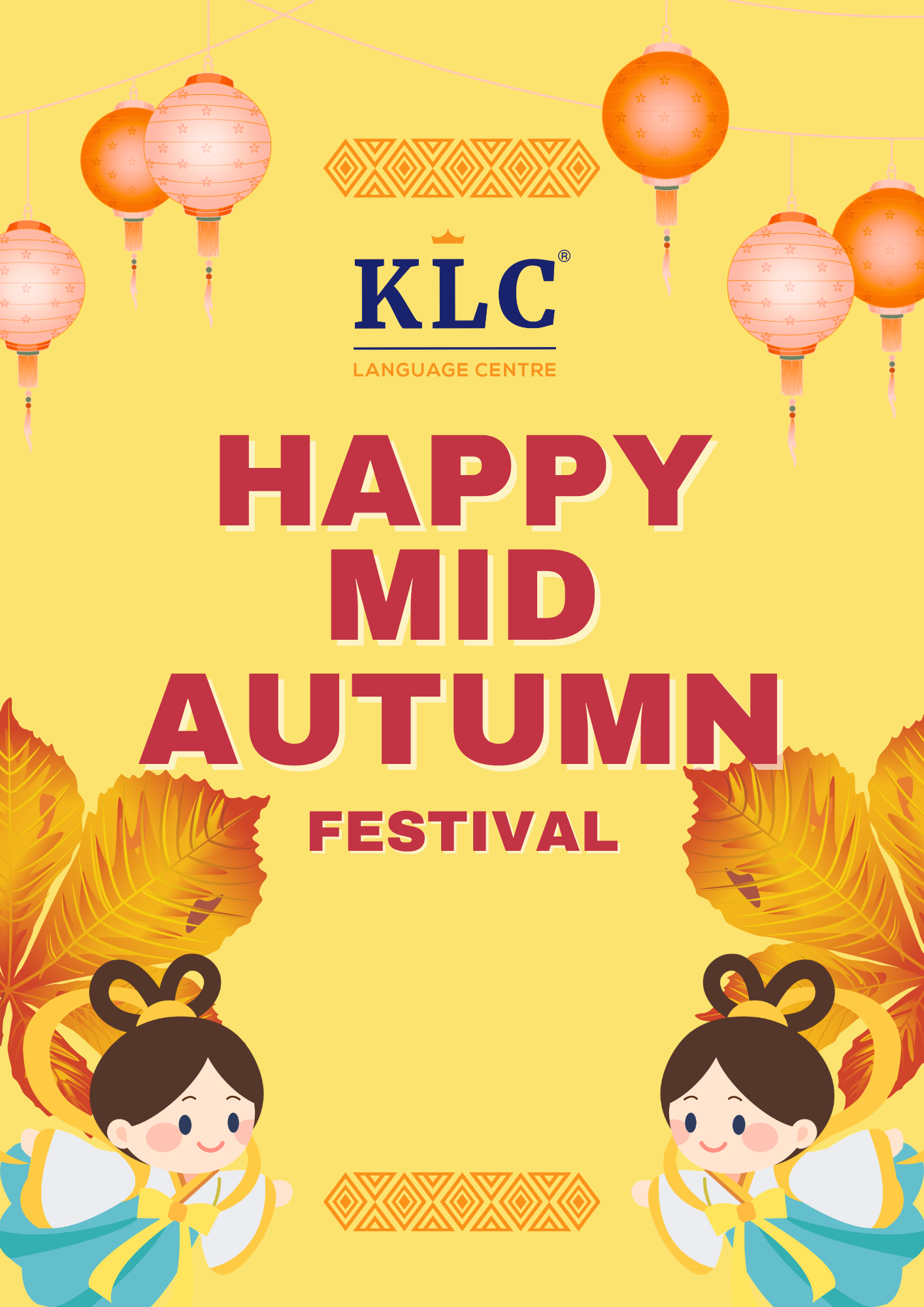 KLC Language Centre 中秋节海报：Happy Mid Autumn Festival，灯笼、秋叶与嫦娥插画