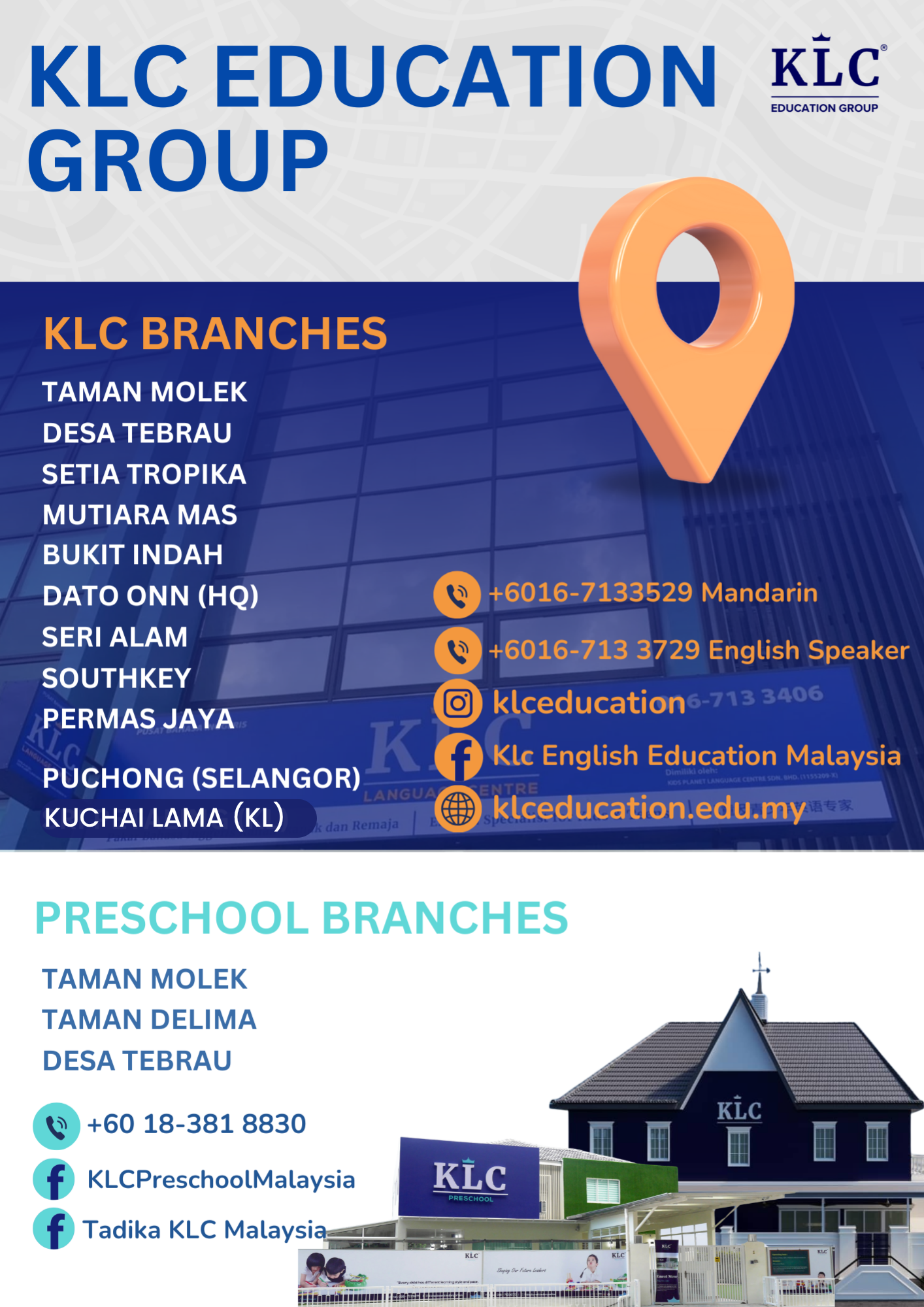 KLC Education Group 分校与联络资料：KLC Language Centre 与 KLC Preschool 各分校列表