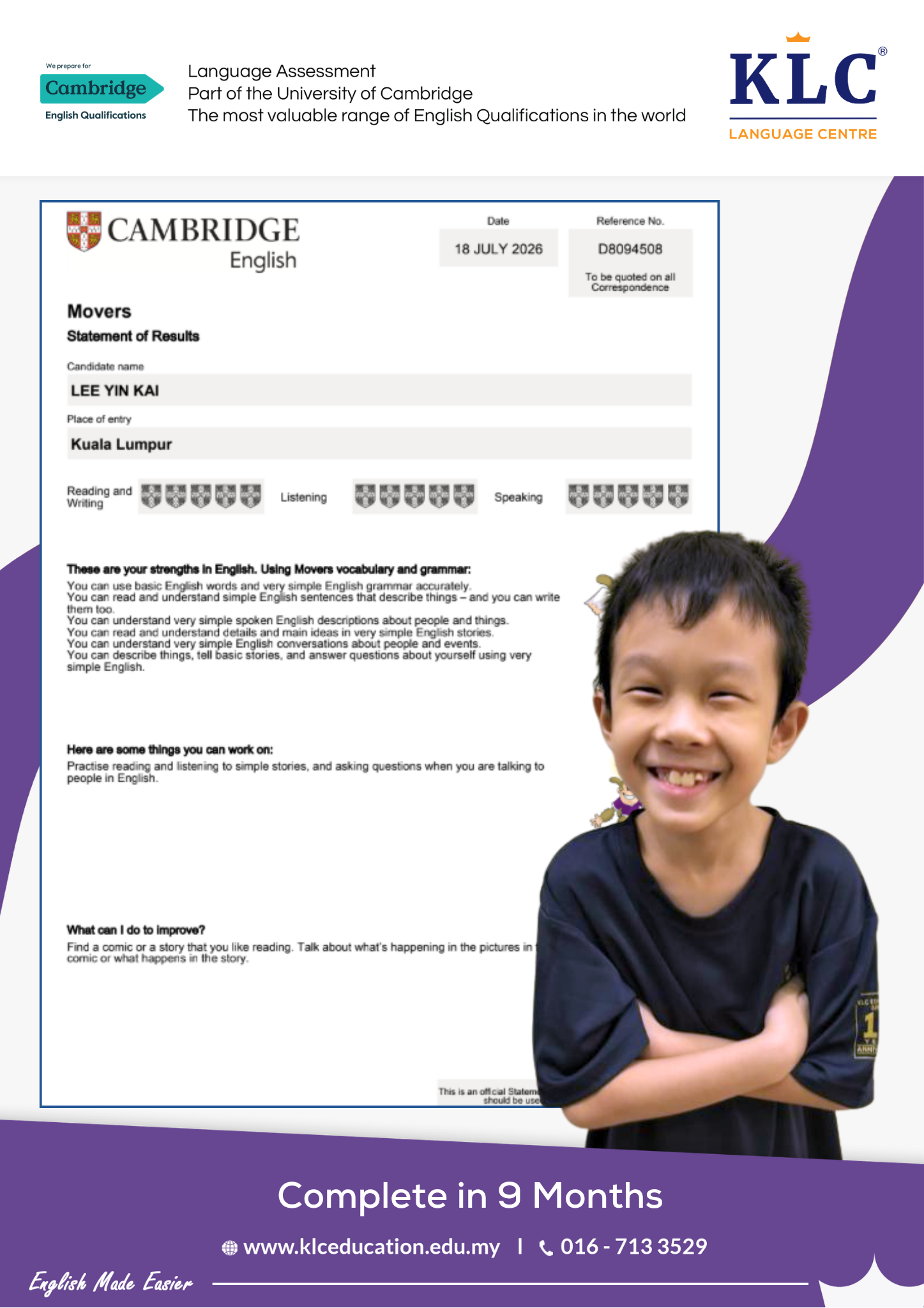 Cambridge English Movers 官方成绩单（KLC 学员，2026年7月）