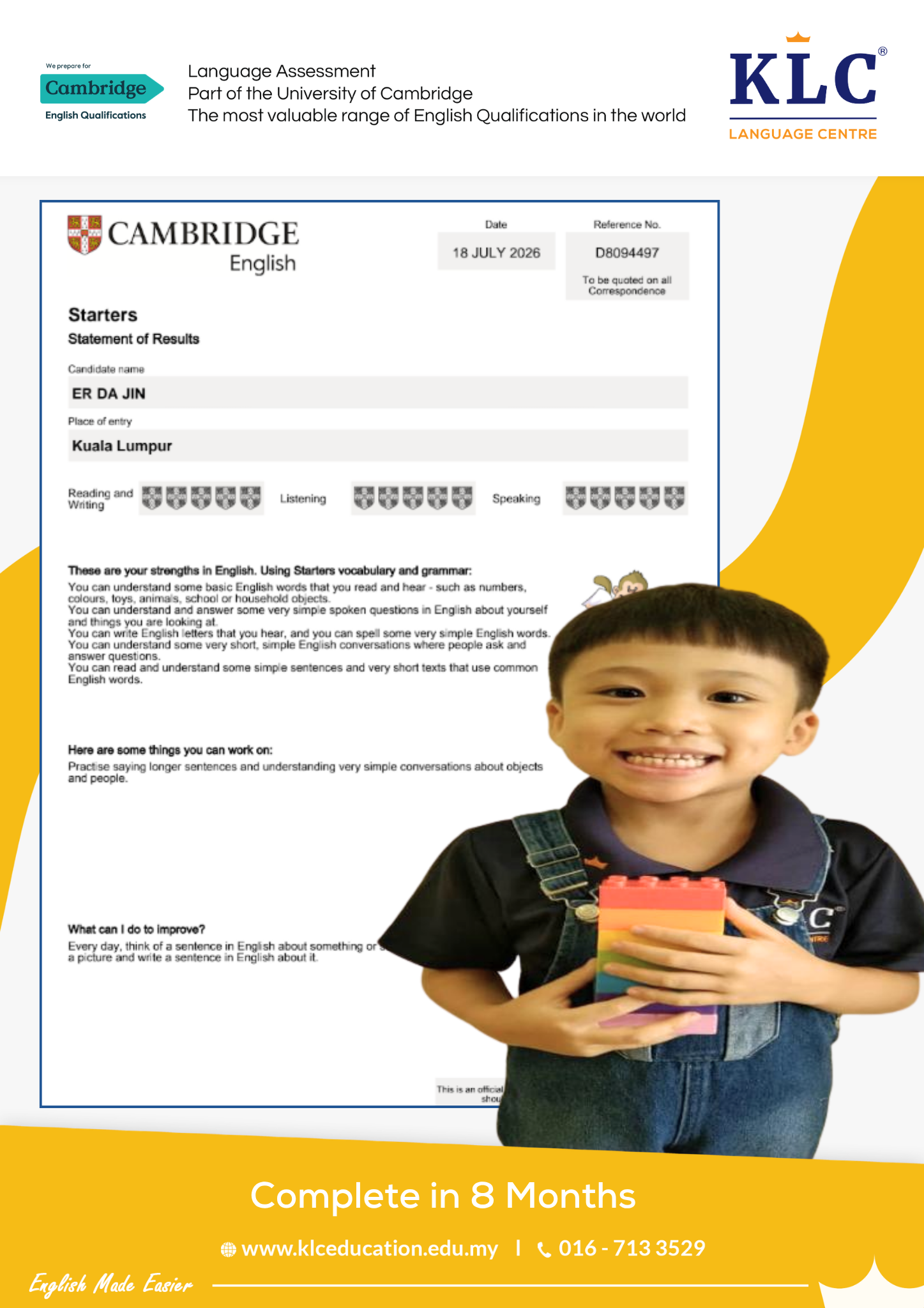 Cambridge English Starters 官方成绩单（KLC 学员，2026年7月）