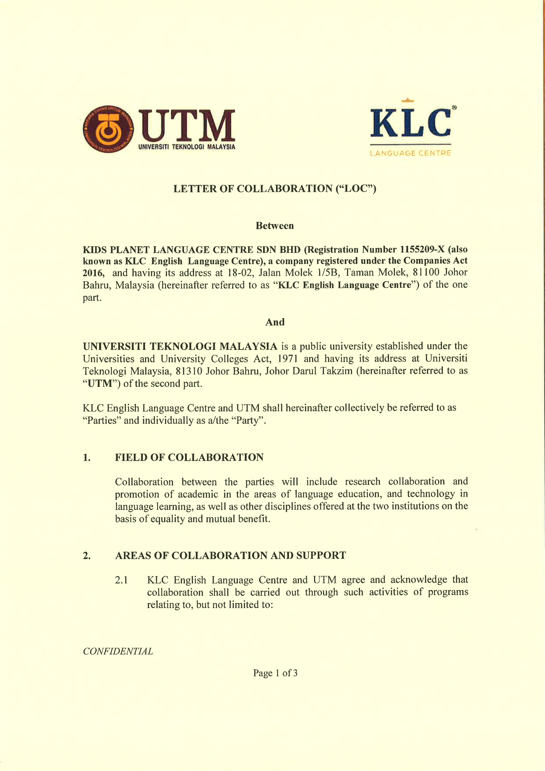 Letter of Collaboration between UTM and KLC Education